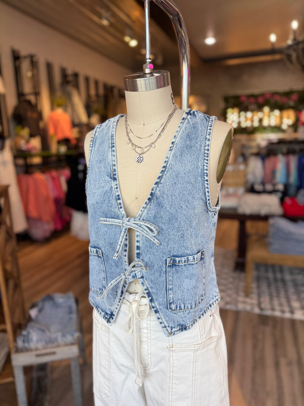 Denim front tie vest