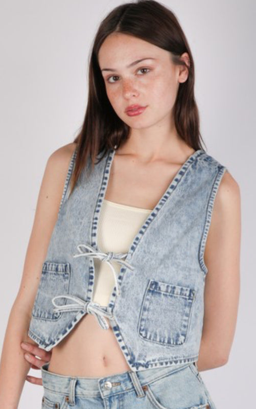 Denim front tie vest